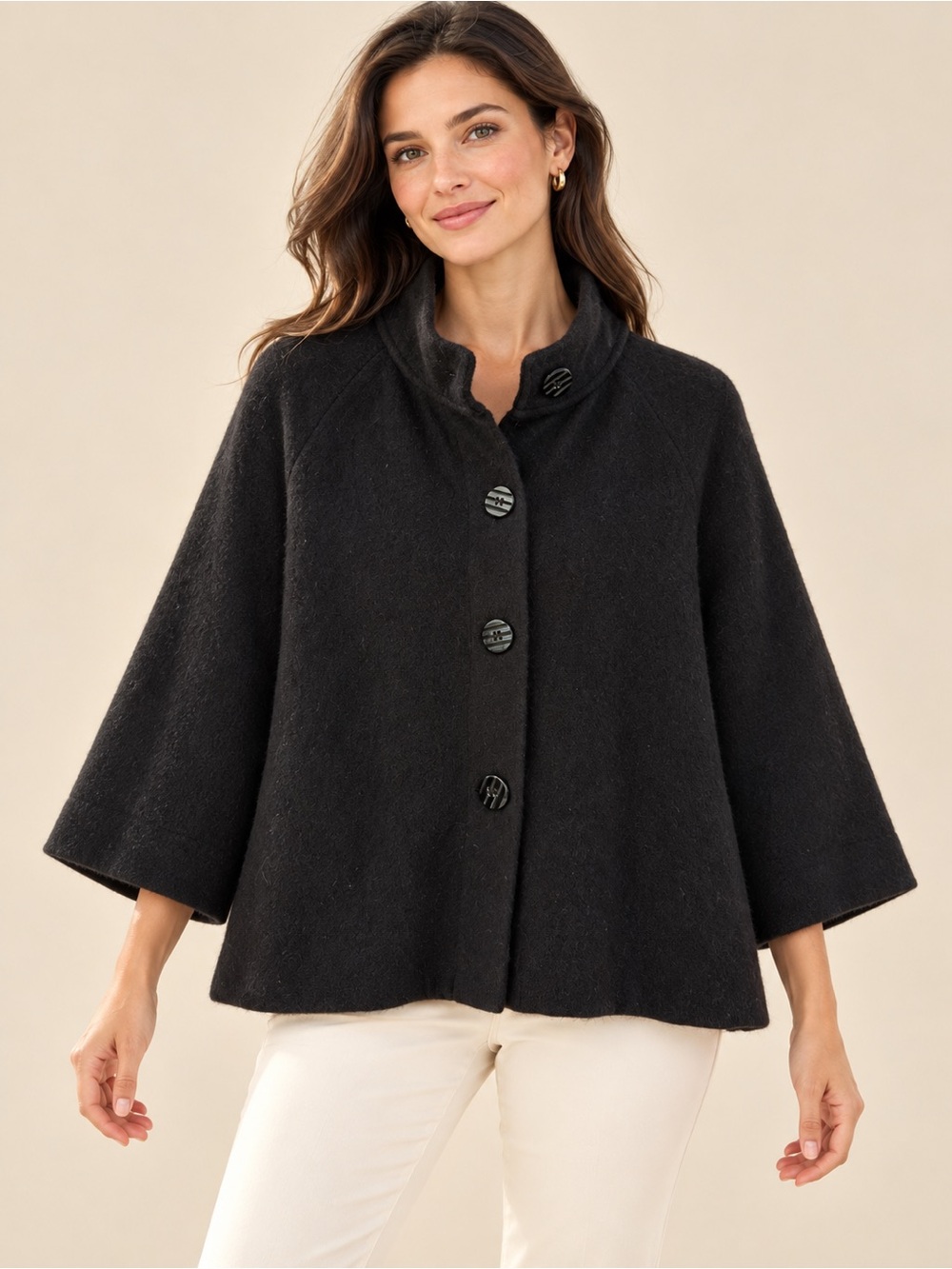 JM Collection Black 100% Wool Button-Front Swing Sweater Jacket